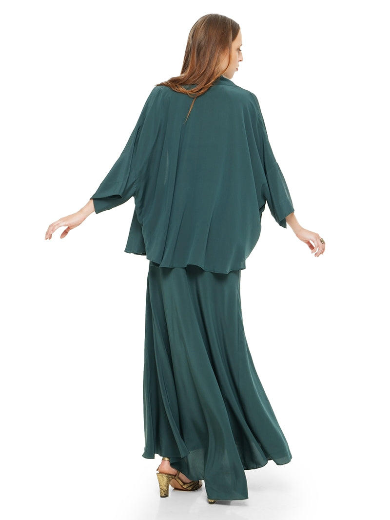 Marina silk crepe short kimono in pine green styled with Maz maxi dress and Margot heels, back view - worn by model