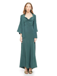 Marina short kimono in pine green color styled with Maz maxi dress and Margot heels, front view - worn by model