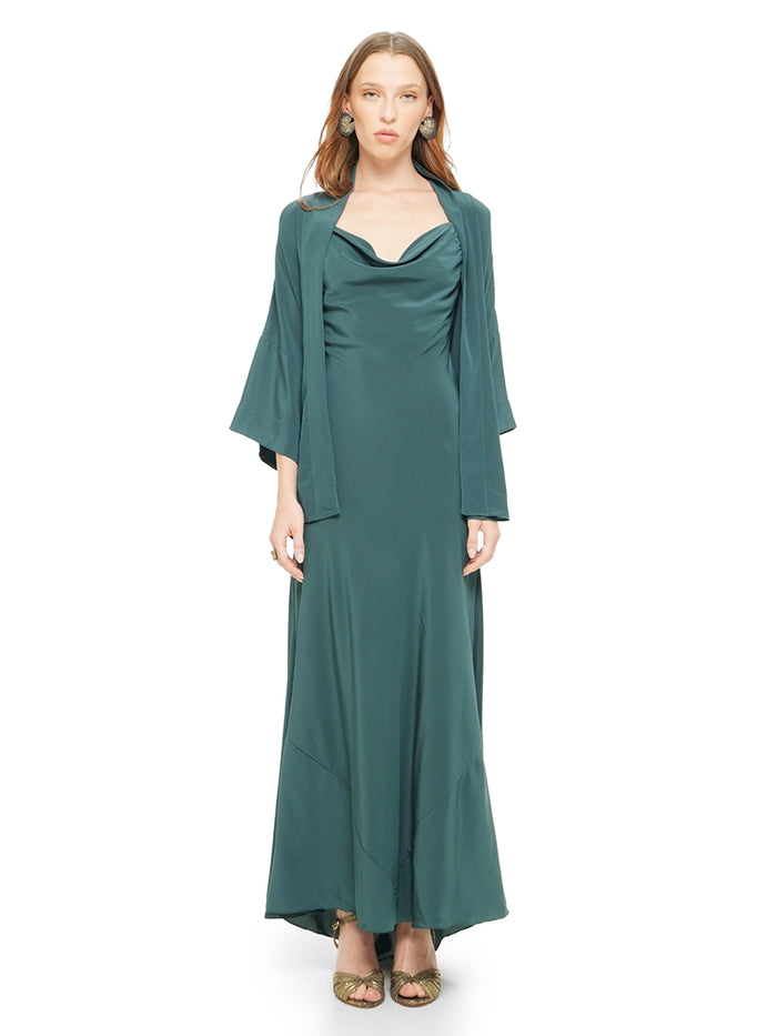 Marina short kimono in pine green color styled with Maz maxi dress and Margot heels, front view - worn by model