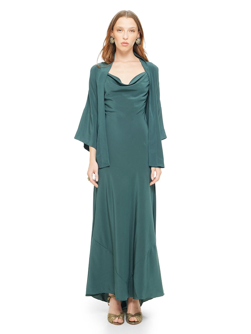 Marina silk crepe short kimono in pine green styled with Maz maxi dress and Margot heels, front view - worn by model