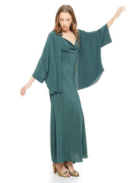 Marina short kimono in pine green color styled with Maz maxi dress and Margot heels, quarter front view - worn by model