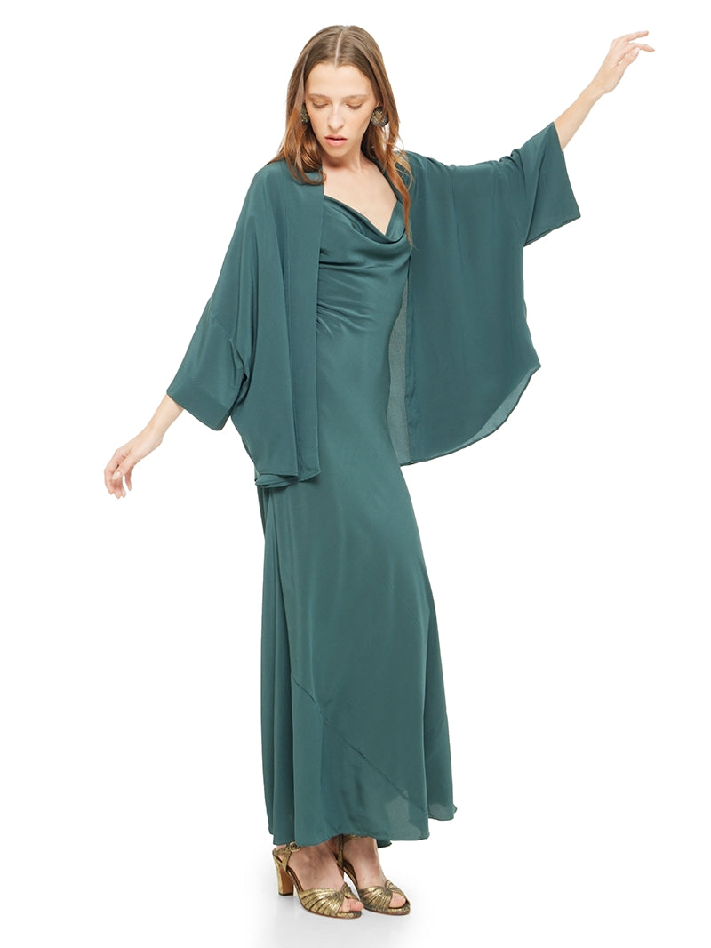 Marina silk crepe short kimono in pine green styled with Maz maxi dress and Margot heels, quarter front view - worn by model