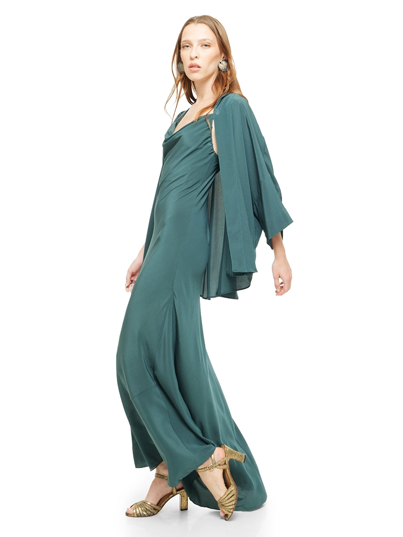 Marina silk crepe short kimono in pine green styled with Maz maxi dress and Margot heels, quarter front view - worn by model