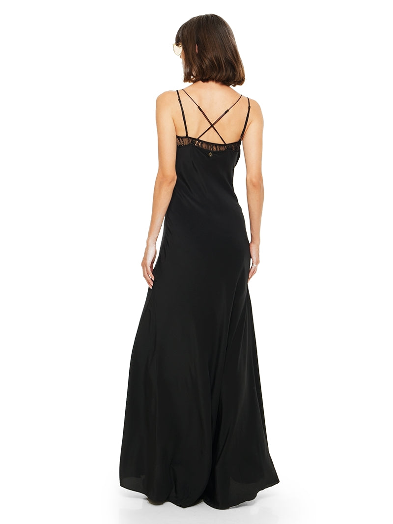 Maz silk crepe maxi dress in black, styled wtih Lounge bra and Betty heels, back view - worn by model