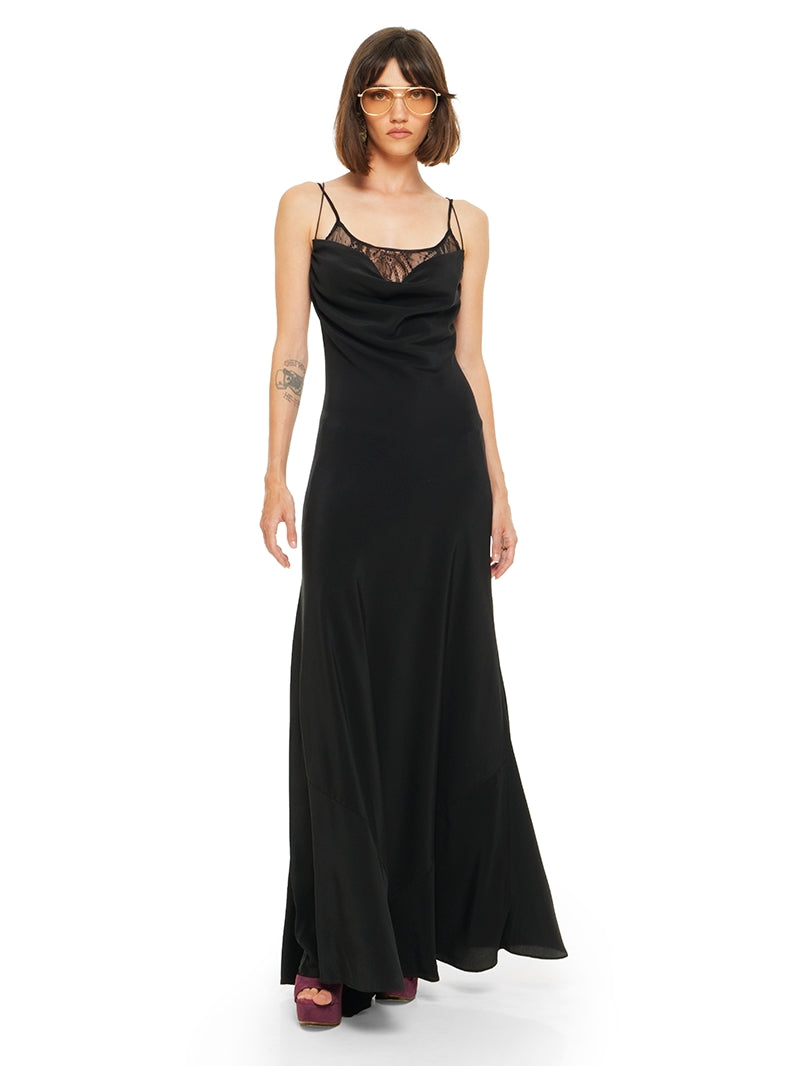 Maz silk crepe maxi dress in black, styled wtih Lounge bra and Betty heels, quarter front view - worn by model
