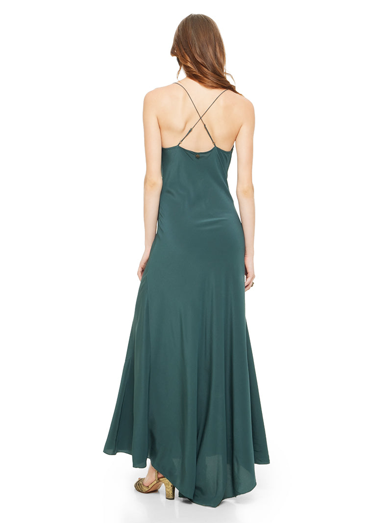 Maz silk crepe maxi dress in pine green styled with Margot heels, back view - worn by model