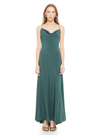 Maz silk crepe maxi dress in pine green styled with Margot heels, front view - worn by model