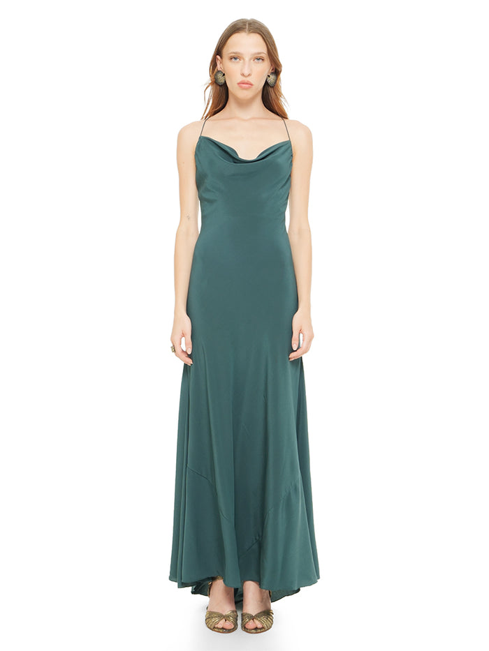 Maz silk crepe maxi dress in pine green styled with Margot heels, front view - worn by model