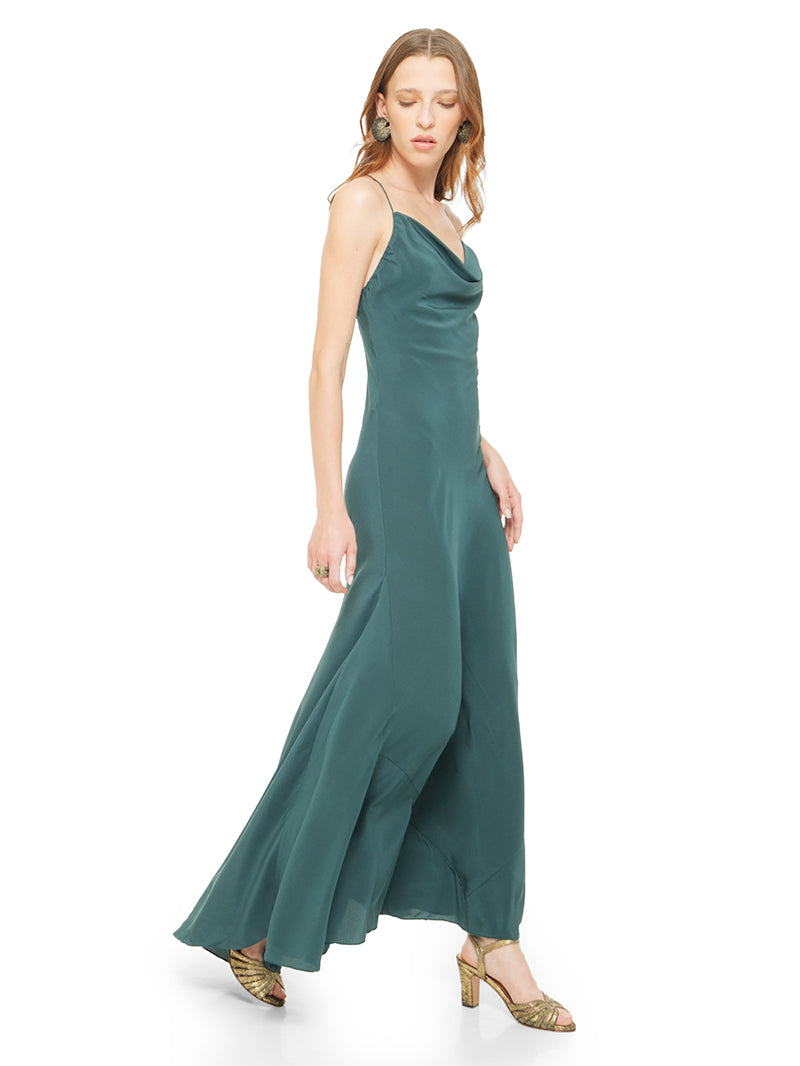 Maz silk crepe maxi dress in pine green styled with Margot heels, quarter front view - worn by model