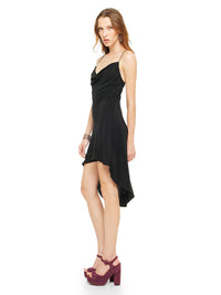 Maz mini black dress styled with Betty heels, side view - worn by model