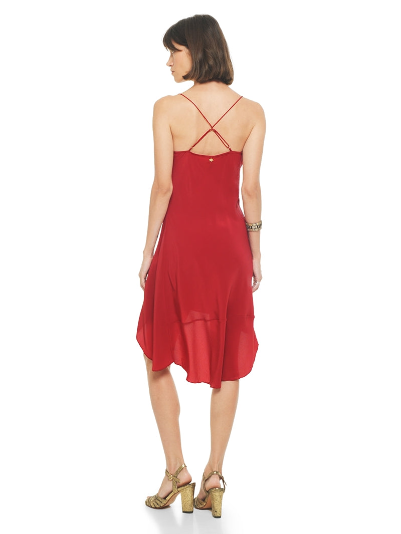 Maz mini dress in red styled wtih Margot heels, back view - worn by model