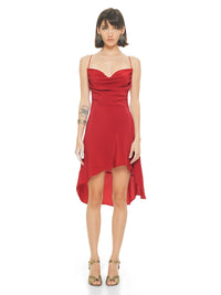 Maz mini dress in red styled wtih Margot heels, front view - worn by model