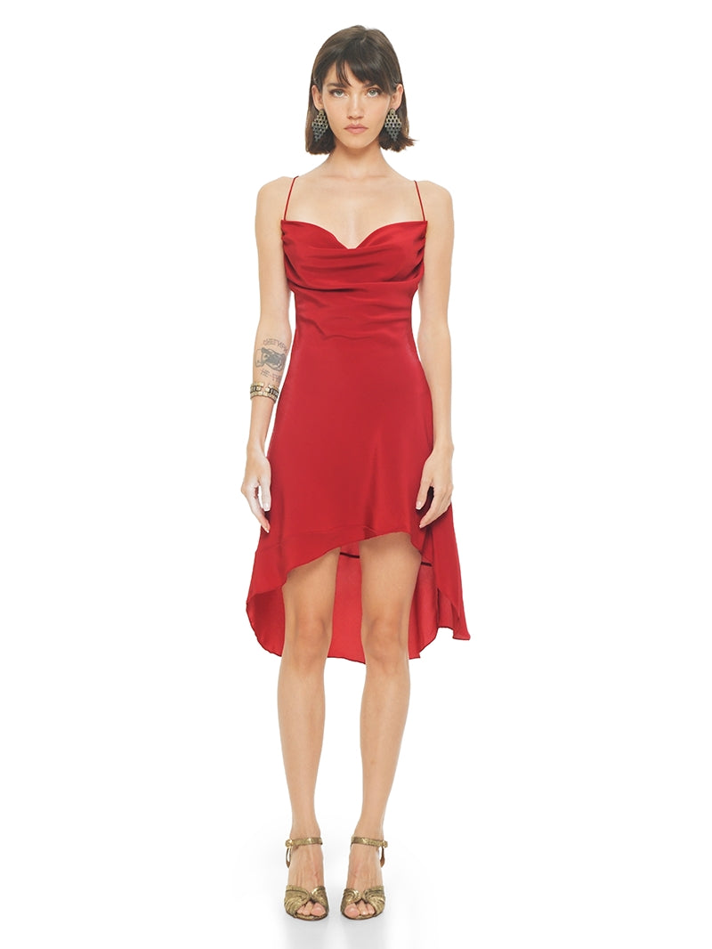 Maz mini dress in red styled wtih Margot heels, front view - worn by model