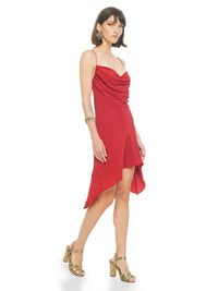 Maz mini dress in red styled wtih Margot heels, quarter front view - worn by model