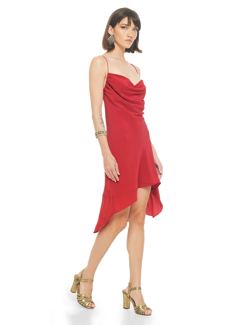 Maz mini dress in red styled wtih Margot heels, quarter front view - worn by model