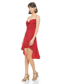 Maz mini dress in red styled wtih Margot heels, quarter side view - worn by model