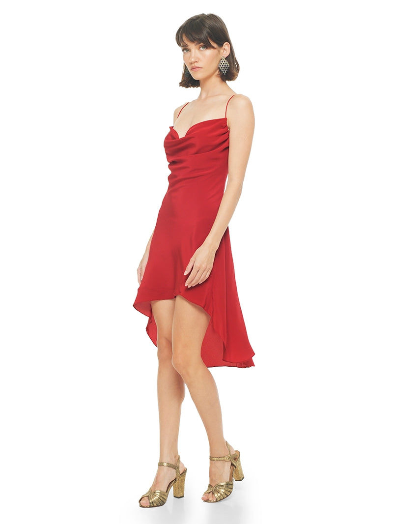 Maz mini dress in red styled wtih Margot heels, quarter side view - worn by model
