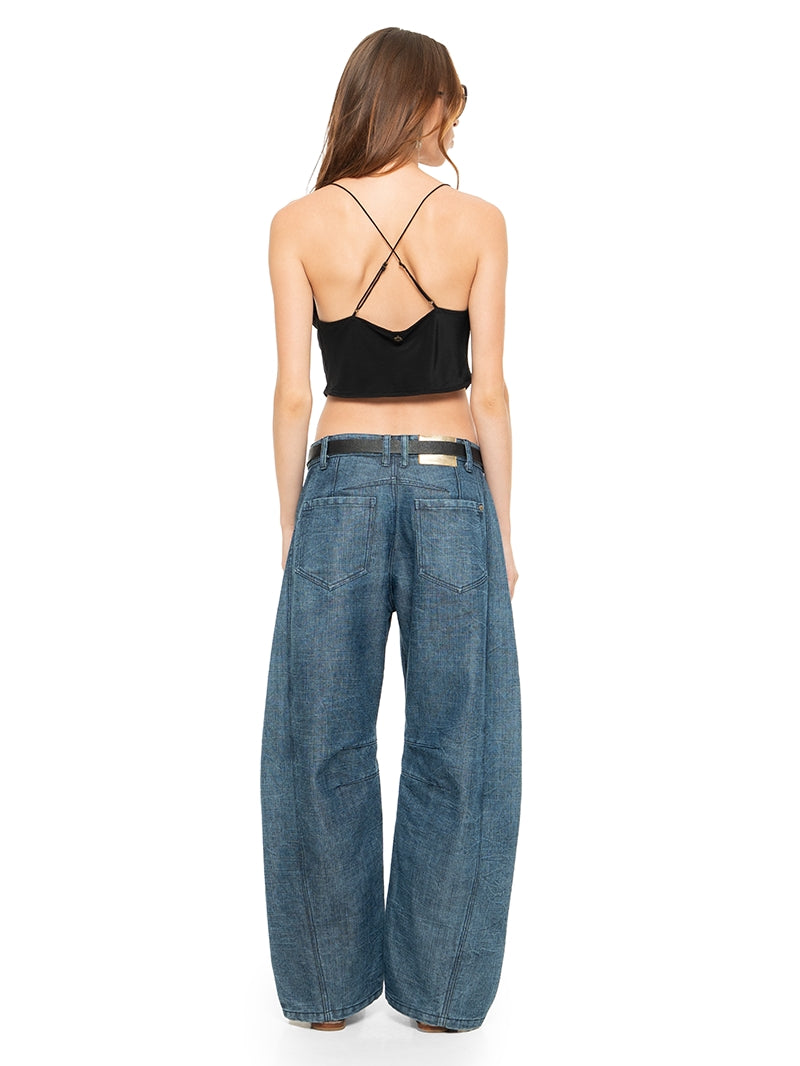 Maz silk crepe mini top in black, back view - worn by model
