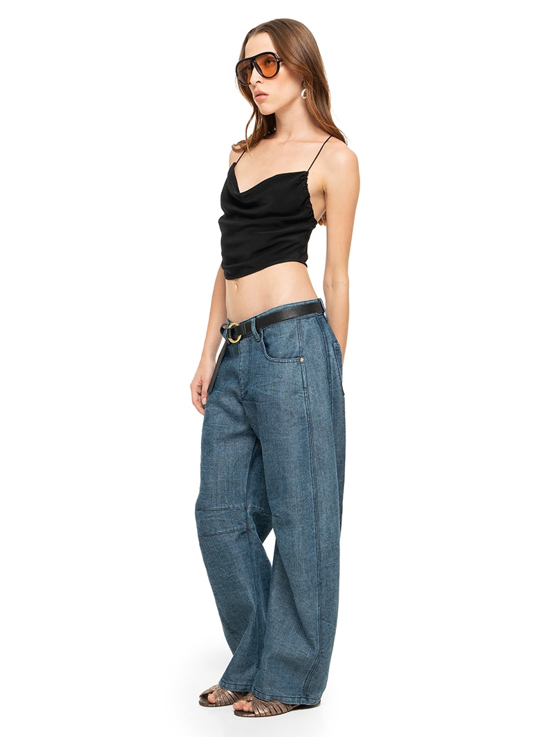 Maz silk crepe mini top in black, right side view - worn by model