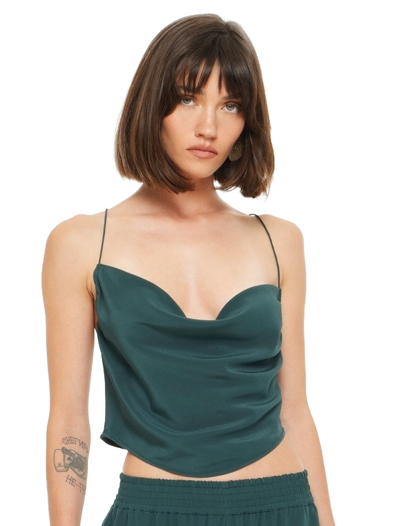 Maz silk crepe top in pine green, front close view - worn by model