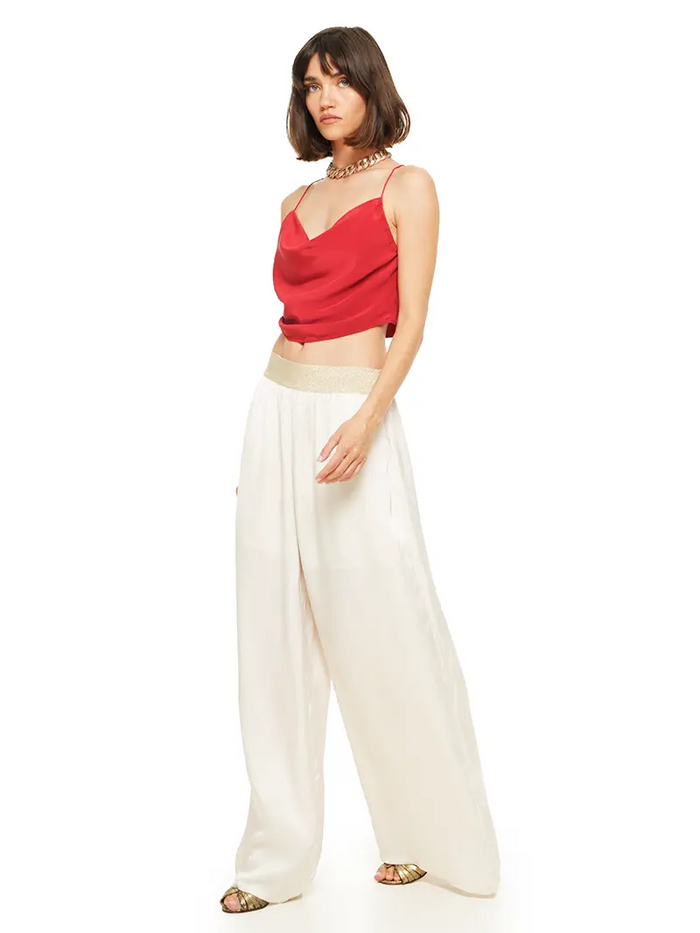 Maz top red styled with Nova pants and Margot heels, front view - worn by model
