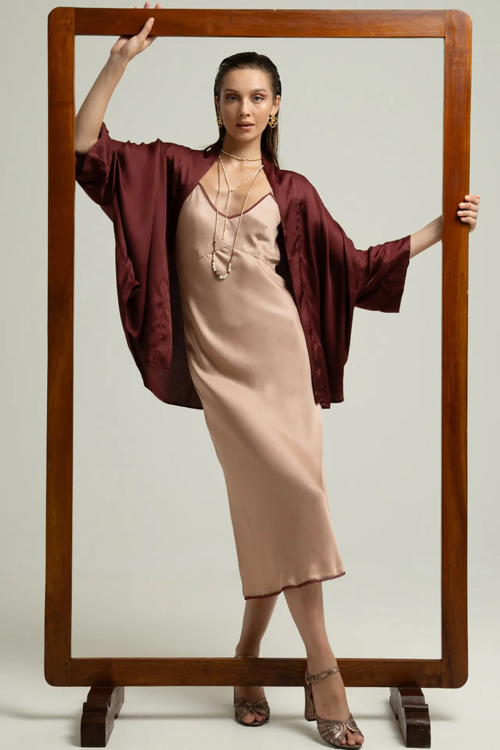 Melody Slip Dress in Wood Rose styled with Isyana Kimono in Wine color and Margot Heels, front view - worn by model