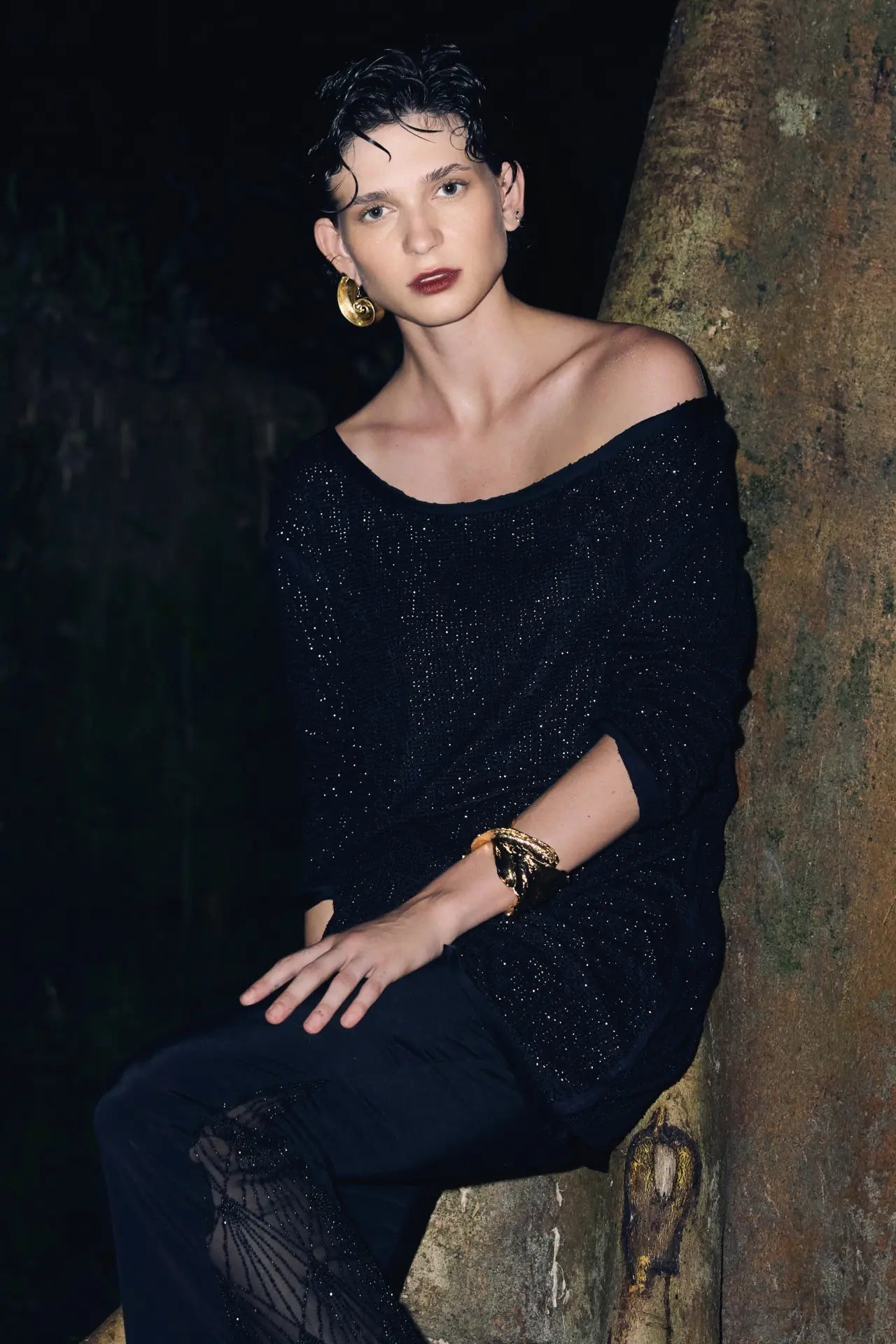 Nyx beaded mini black dress, front close view - worn by model