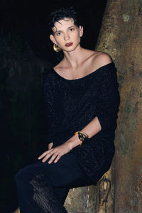 Nyx beaded mini black dress, front close view - worn by model