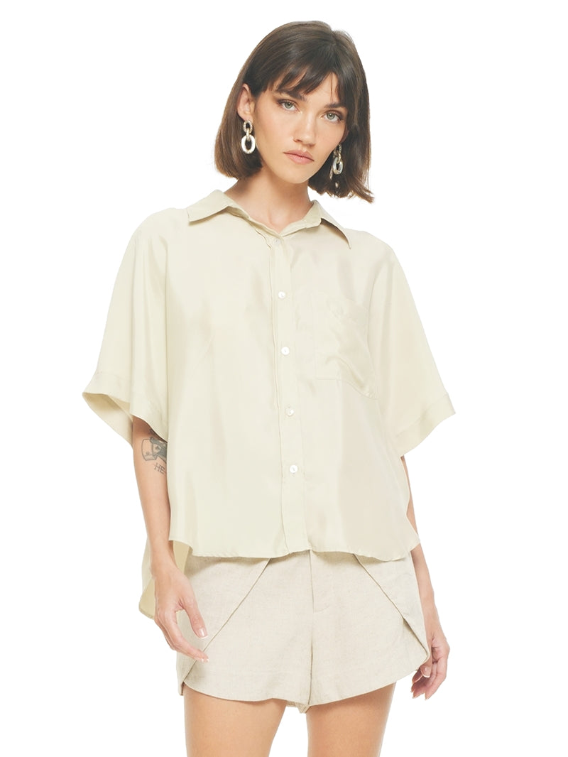 Paris shirt in beige styled with Dian shorts, front view - worn by model