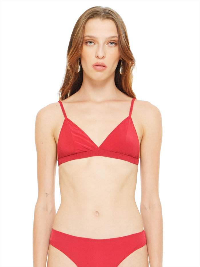 Polie silk crepe bra in red, front view - worn by model