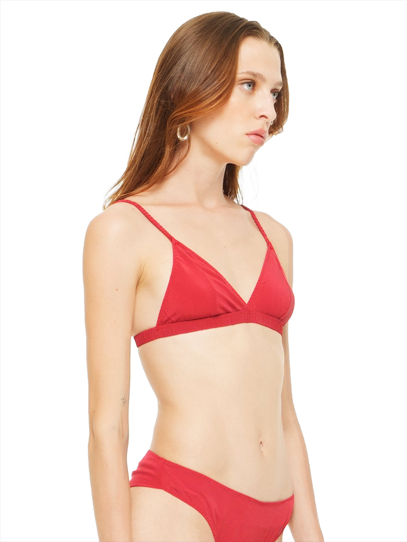 Polie silk crepe bra in red, quarter front view - worn by model