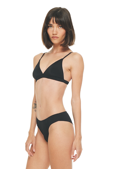 Polie silk crepe underwear in black, quarter front view - worn by model
