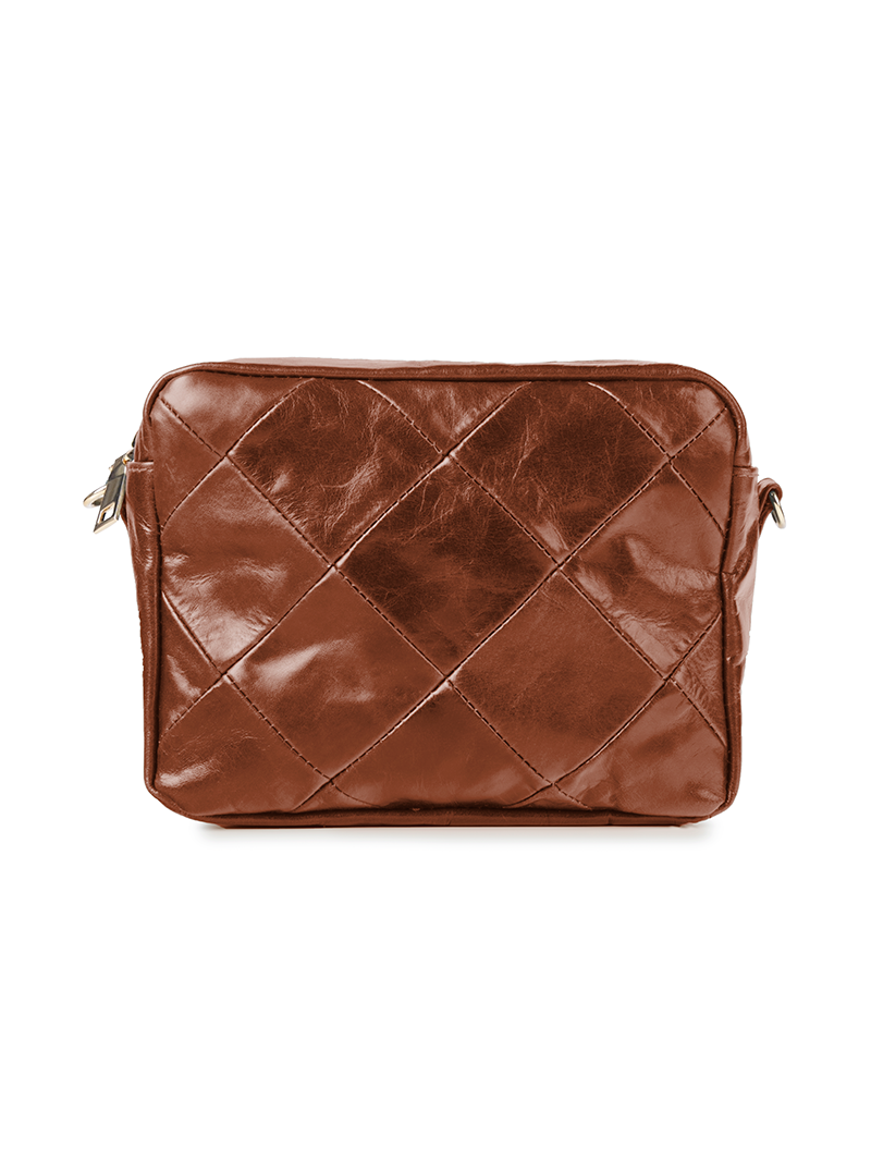 Rimba leather shoulder bag with a diamond-quilted pattern, featuring matching detachable shoulder and crossbody straps with gold-tone hardware - ghost front view