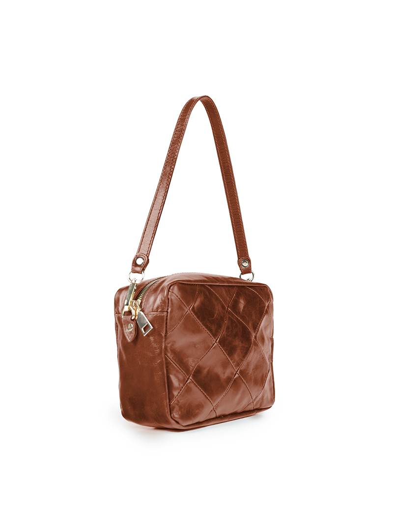 Rimba leather shoulder bag with a diamond-quilted pattern, featuring matching detachable shoulder and crossbody straps with gold-tone hardware - ghost quarter-front view