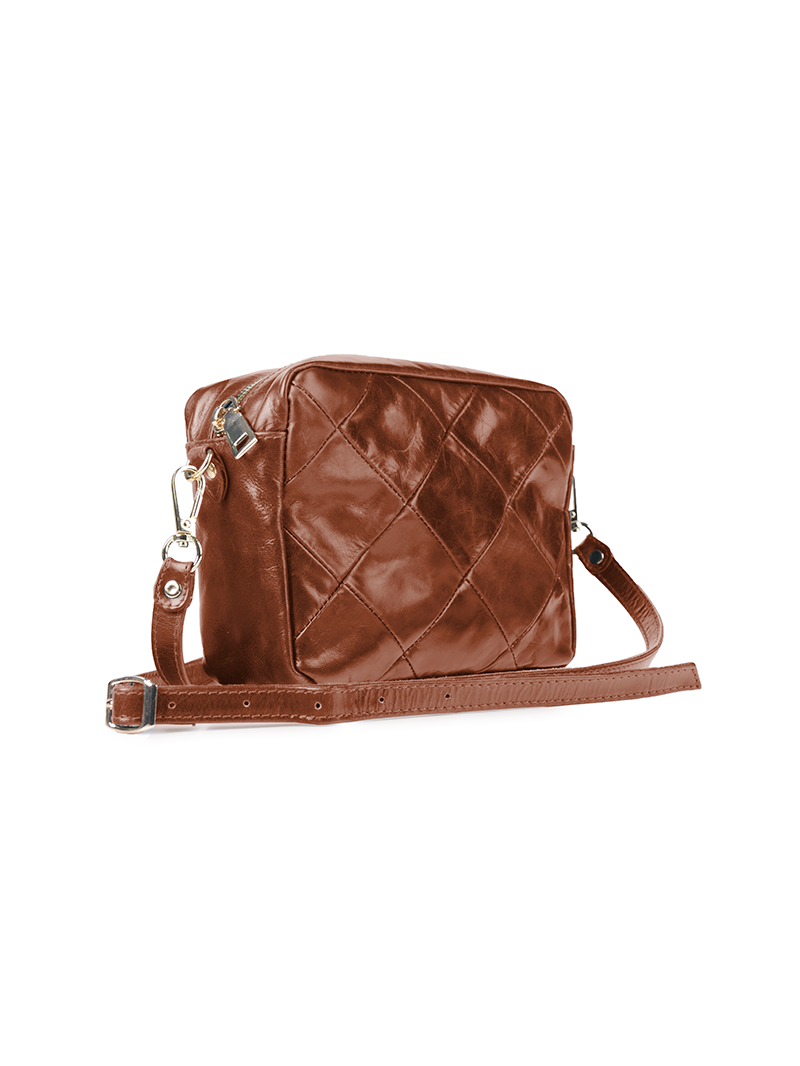 Rimba leather shoulder bag with a diamond-quilted pattern, featuring matching detachable shoulder and crossbody straps with gold-tone hardware - ghost quarter-front view