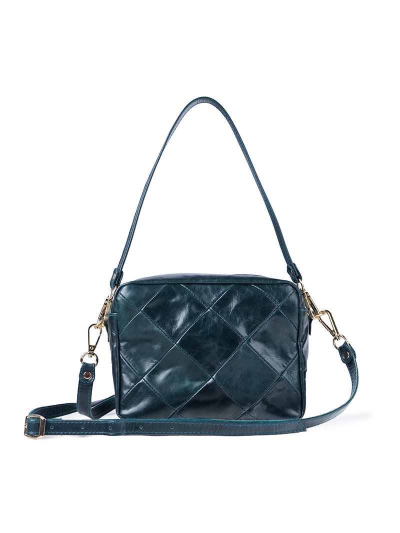 Rimba leather shoulder bag with a diamond-quilted pattern, featuring matching detachable shoulder and crossbody straps with gold-tone hardware - ghost front view
