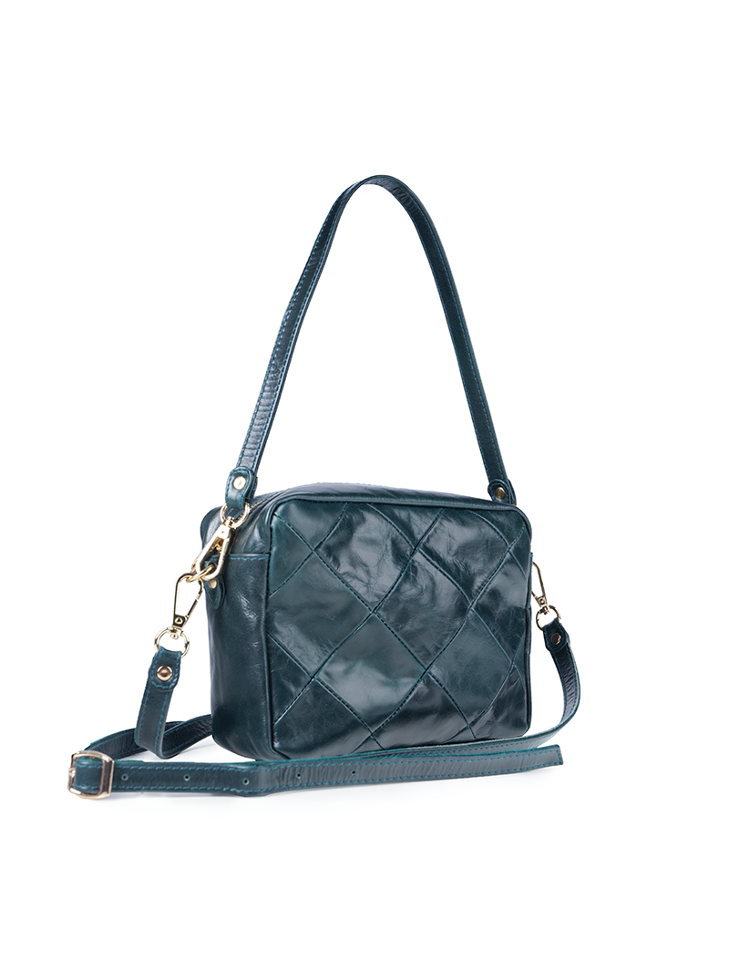 Rimba leather shoulder bag with a diamond-quilted pattern, featuring matching detachable shoulder and crossbody straps with gold-tone hardware - ghost quarter-front view.