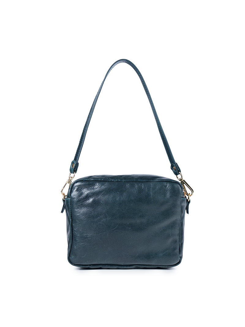 Rimba leather shoulder bag with a diamond-quilted pattern, featuring matching detachable shoulder and crossbody straps with gold-tone hardware - ghost front view