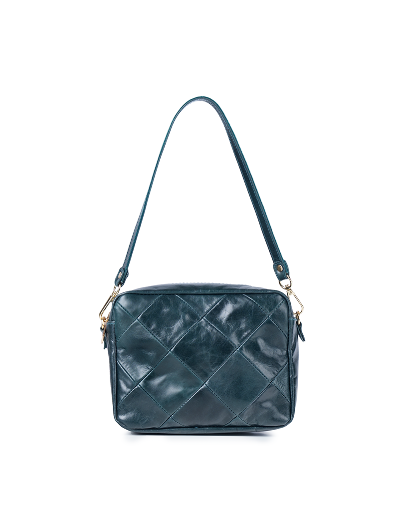 Rimba leather shoulder bag with a diamond-quilted pattern, featuring matching detachable shoulder and crossbody straps with gold-tone hardware - ghost front view