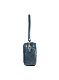 Rimba leather shoulder bag with a diamond-quilted pattern, featuring matching detachable shoulder and crossbody straps with gold-tone hardware - ghost side view