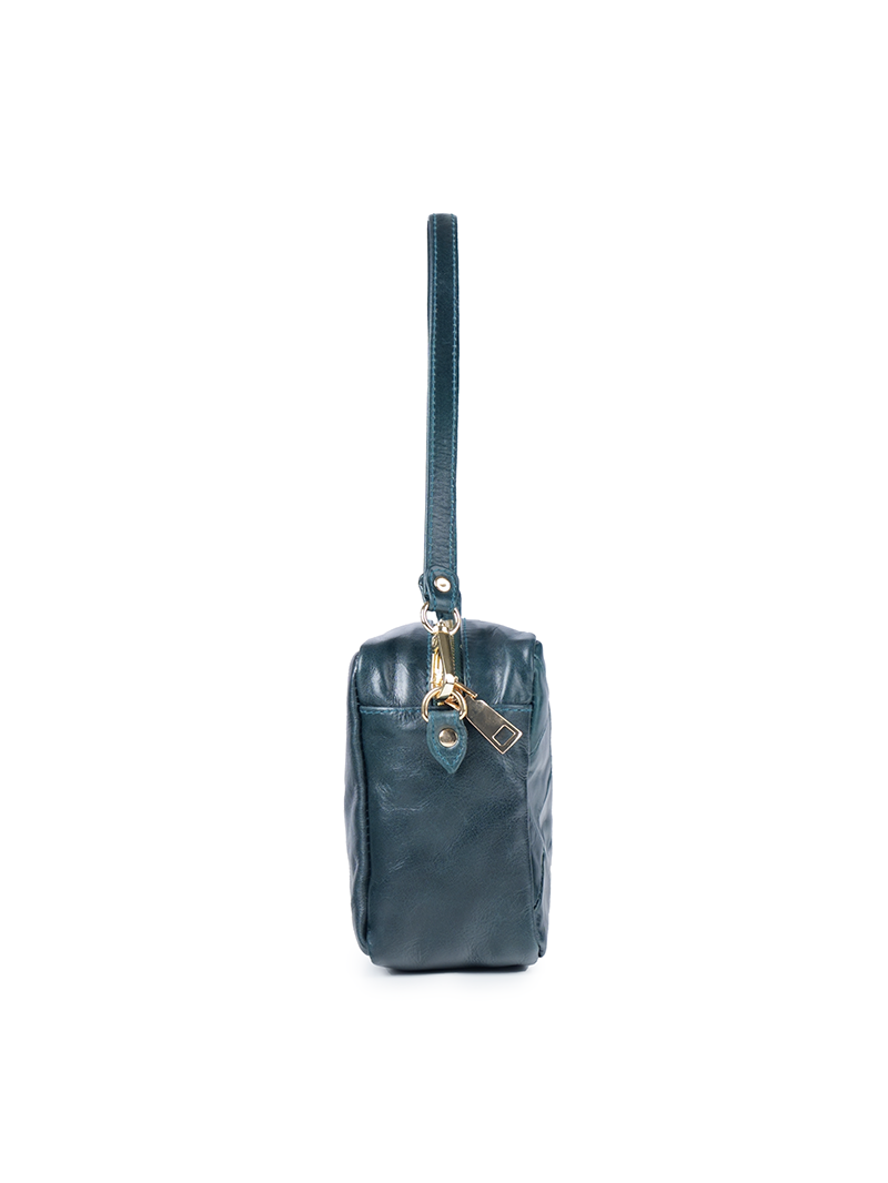 Rimba leather shoulder bag with a diamond-quilted pattern, featuring matching detachable shoulder and crossbody straps with gold-tone hardware - ghost side view