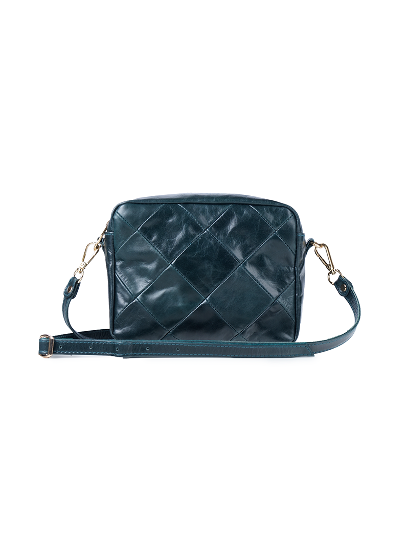Rimba leather shoulder bag with a diamond-quilted pattern, featuring matching detachable shoulder and crossbody straps with gold-tone hardware - ghost front view