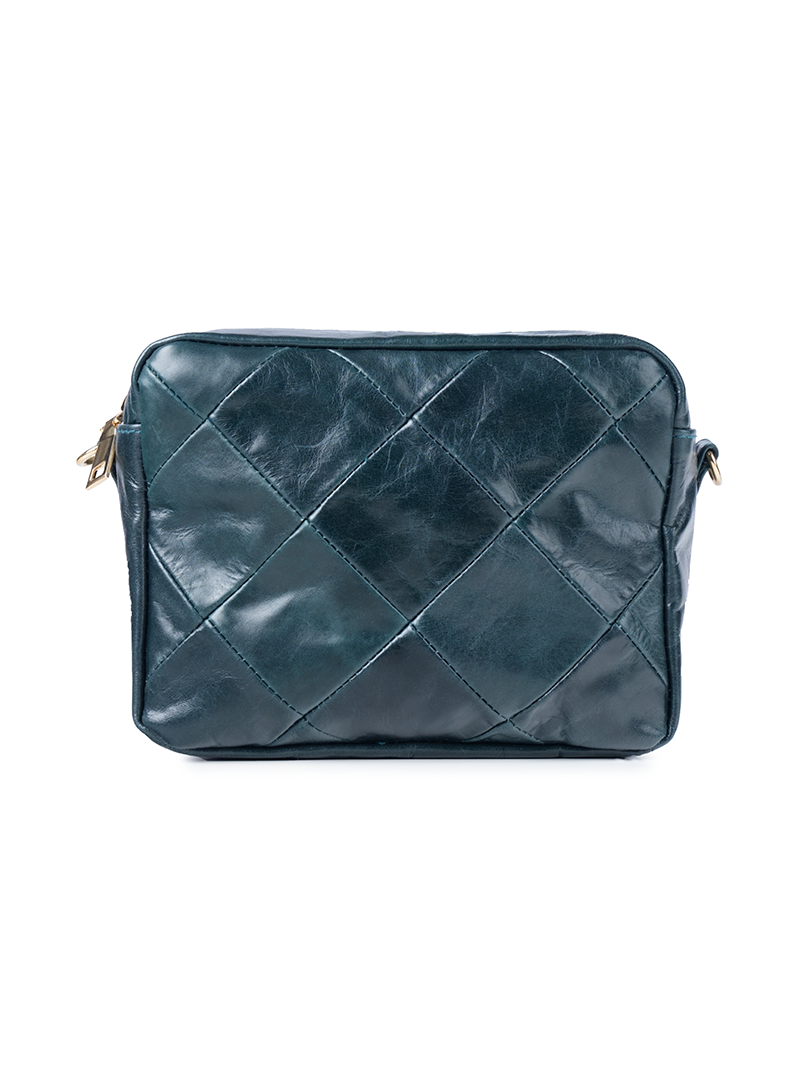 Rimba leather shoulder bag with a diamond-quilted pattern, featuring matching detachable shoulder and crossbody straps with gold-tone hardware - ghost front view