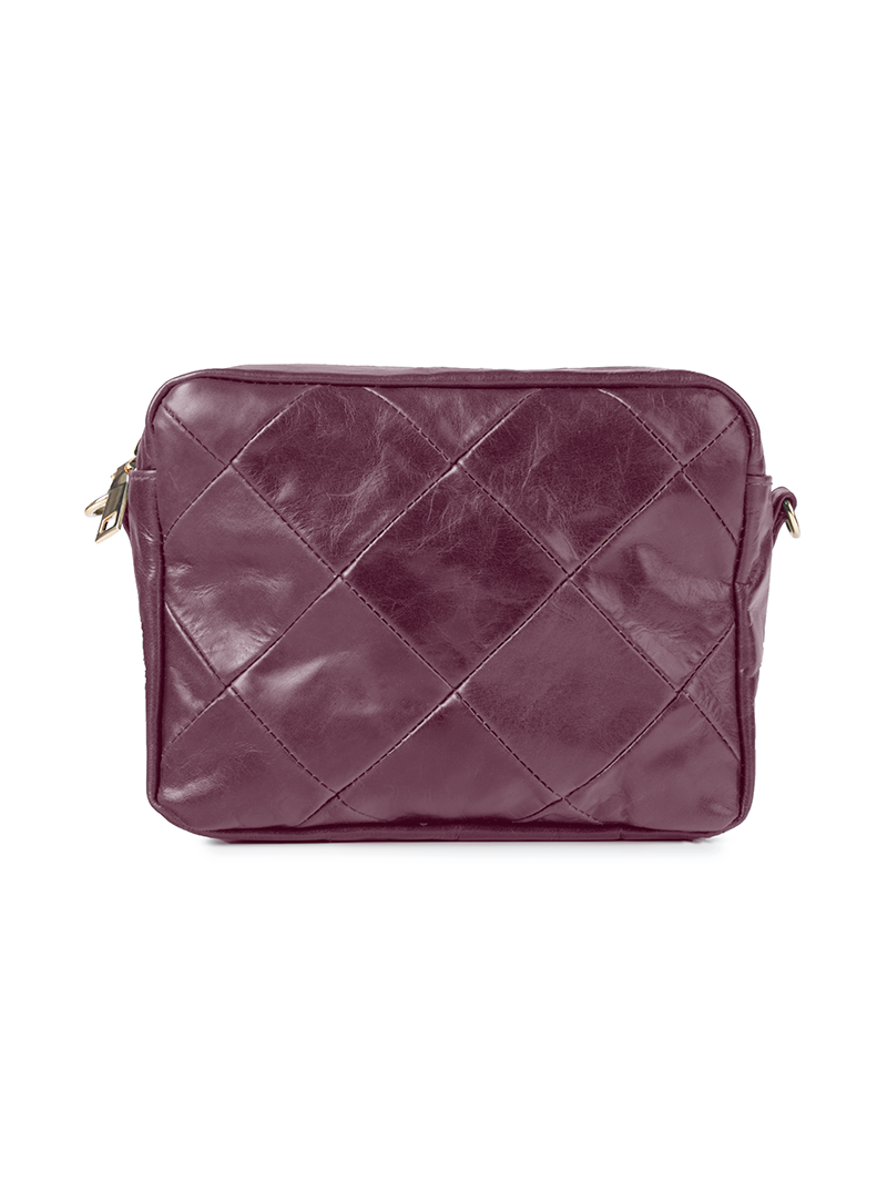 Rimba leather shoulder bag with a diamond-quilted pattern, featuring matching detachable shoulder and crossbody straps with gold-tone hardware - ghost front view