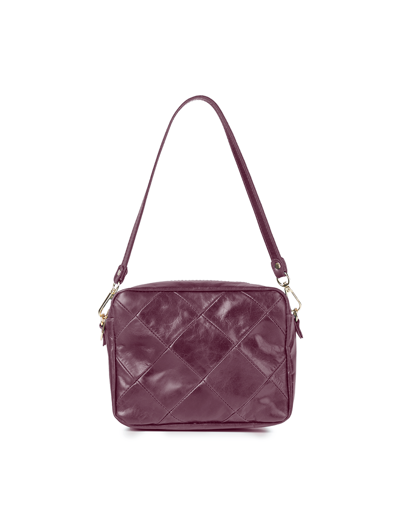 Rimba leather shoulder bag with a diamond-quilted pattern, featuring matching detachable shoulder and crossbody straps with gold-tone hardware - ghost front view