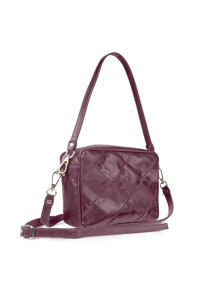Rimba leather shoulder bag with a diamond-quilted pattern, featuring matching detachable shoulder and crossbody straps with gold-tone hardware - ghost quarter-front view