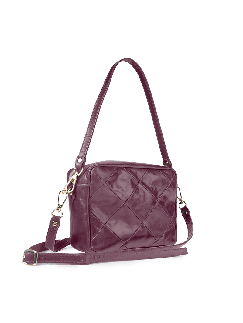 Rimba leather shoulder bag with a diamond-quilted pattern, featuring matching detachable shoulder and crossbody straps with gold-tone hardware - ghost quarter-front view