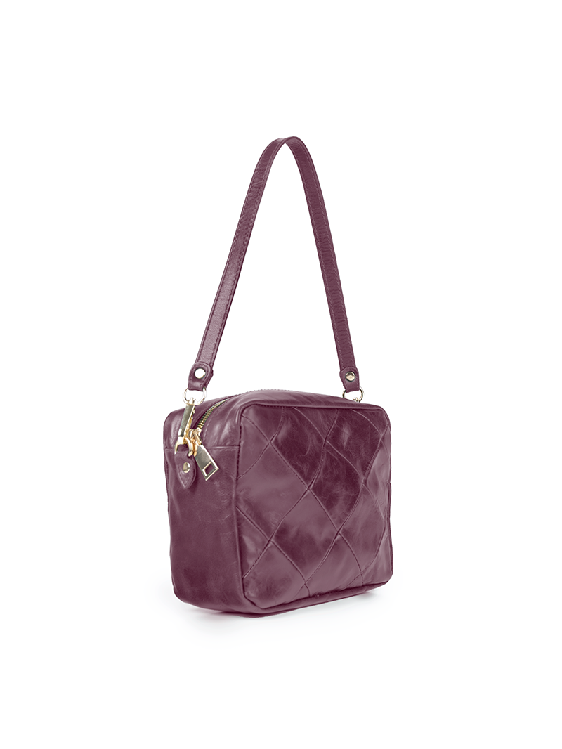 Rimba leather shoulder bag with a diamond-quilted pattern, featuring matching detachable shoulder and crossbody straps with gold-tone hardware - ghost quarter-front view