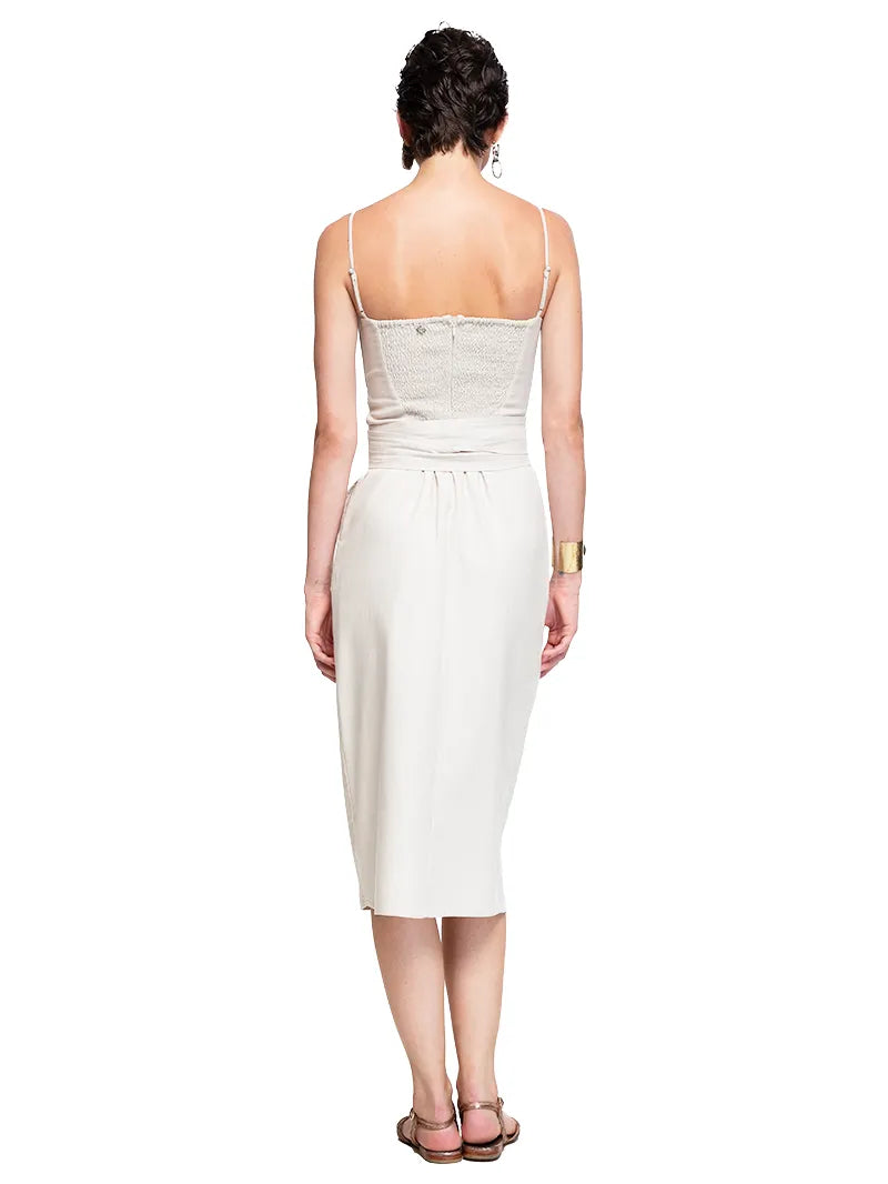Rosie midi dress in Titanium color styled with Margot flats, back view - worn by model