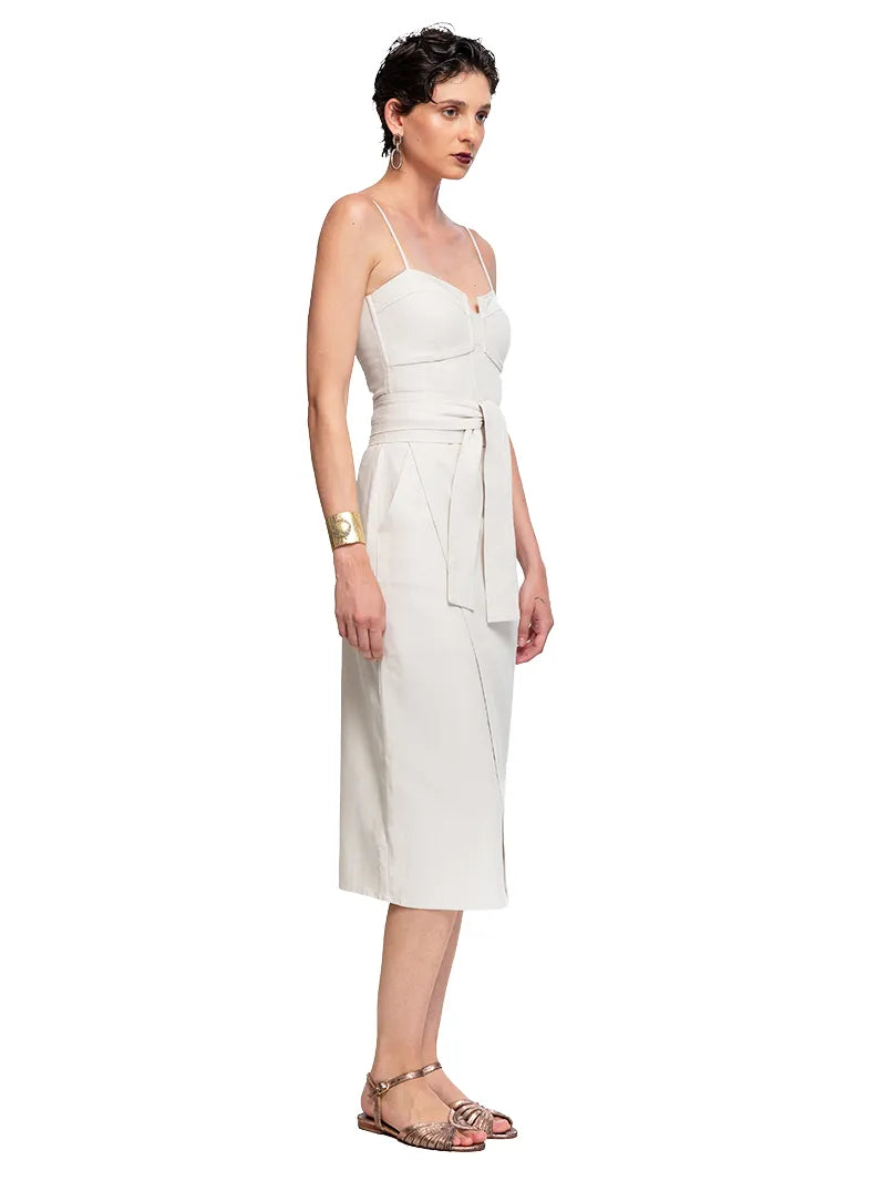 Rosie midi dress in Titanium color styled with Margot flats, front view - worn by model